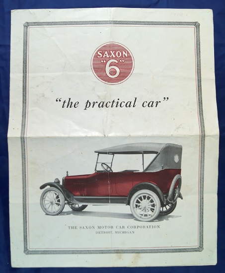 Saxson Motorcar Corp, Detroit Michigan, fold-out brochure on "Saxson 6 " motorcar