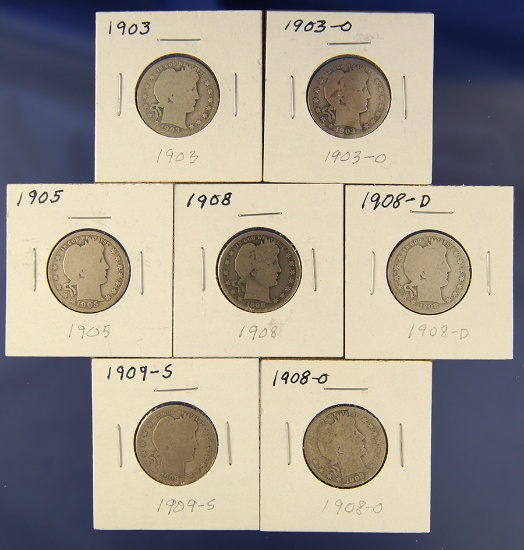 1903, 1903-O, 1905, 1908, 1908-D, 1908-O and 1909-S Barber Quarters AG