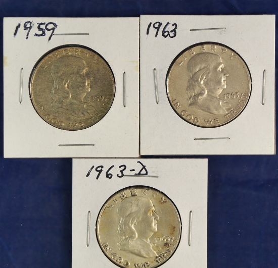 1959, 1963 and 1963-D Franklin Half Dollars VF-AU