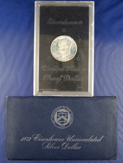 2 1972-S 40% Silver Eisenhower Dollars Uncirculated in Original Blue Envelope and Proof