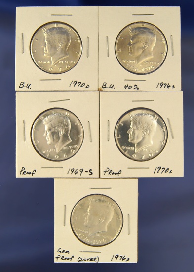 5 40% Silver Kennedy Half Dollars 1969-S, 1970-S & 1976-S Proofs and 1970-D & 1976-S Uncirc