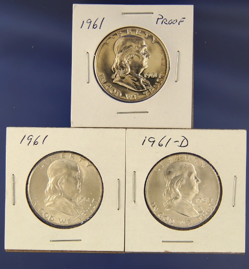 1961 Proof, 1961 and 1961-D BU Franklin Half Dollars