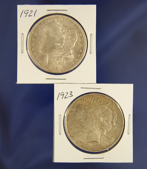 1921 Morgan and 1923 Peace Silver Dollars XF-AU