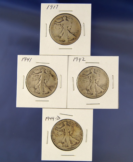 1917, 1941, 1942 and 1944-D Walking Liberty Half Dollars AG-F+