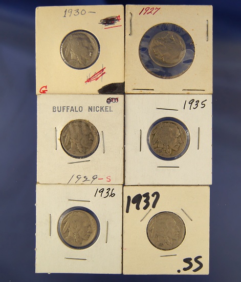 1927, 1929, 1930, 1935, 1936 and 1937 Buffalo Nickels F-VF