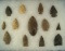 Set of 13 assorted Arrowheads and Knives, largest is 2 7/8