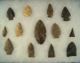 Set of 13 assorted Arrowheads and Knives, largest is 2 7/8