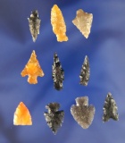 Set of 10 assorted Arrowheads found by R. D. Mudge in Nevada. Largest is 1