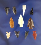 Set of 11 assorted Arrowheads found by R. D. Mudge in Nevada. Largest is 1 1/16