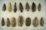 Set of 14 assorted Arrowheads and Knives, largest is 2 1/2