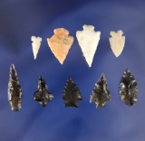 Set of nine assorted Arrowheads found by R. D. Mudge in Nevada. Largest is 1