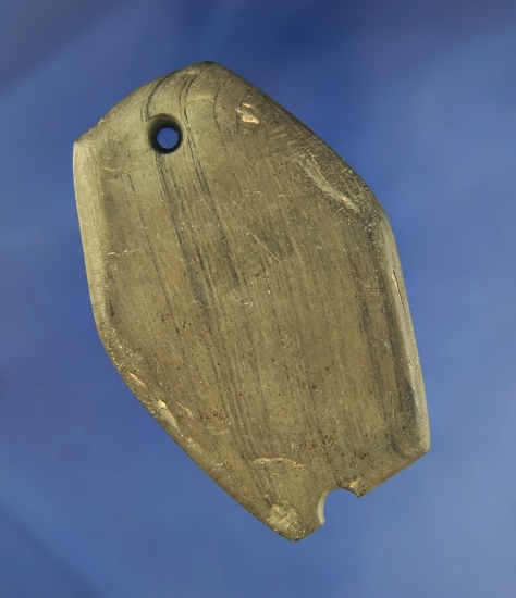 3 1/8" banded slate Gorget found in Delaware Co.,  Ohio that is anciently salvaged heavily patinated