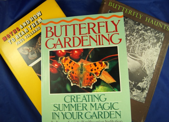 2 hardback and 1 softcover books:"Butterfly Gardening", "Butterfly Haunts", "Moths and How to Repair