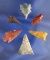 Set of six assorted arrowheads found in Washington and Nevada, largest is 1 1/4