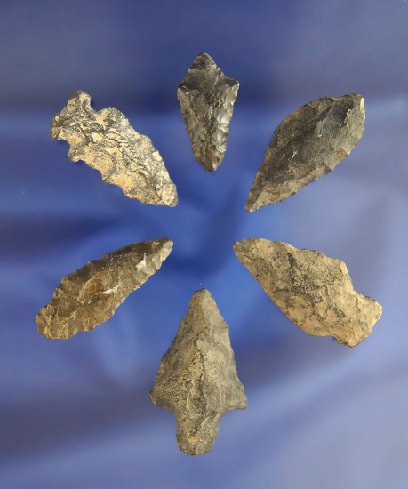 Set of six assorted Arrowheads, largest is 1 1/2" found in Idaho in the 1940s – 1950s.
