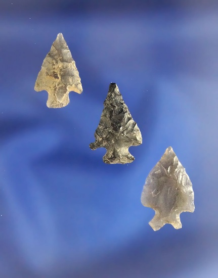 Set of three well styled Arrowheads, largest is 13/16" found in Idaho in the 1940s – 1950s.