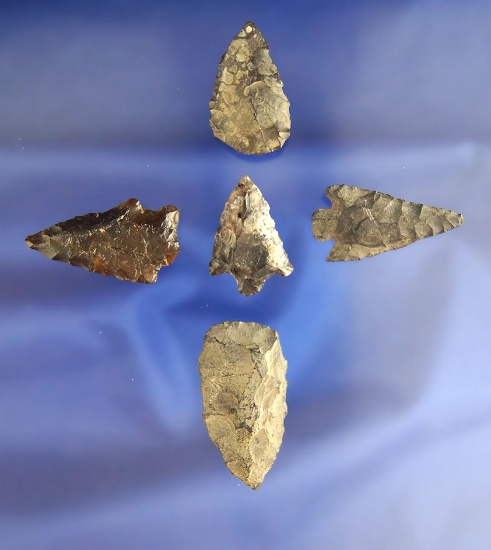 Set of five assorted arrowheads, largest is 1 7/16" found in Idaho in the 1940s – 1950s.