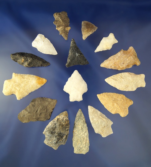 Group of 15 assorted  Arrowheads found in North Carolina and Virginia. Largest is 2".