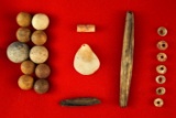 Group of assorted  Shell and bone beads, shell pendant and 10 clay and stone marbles - Alabama.