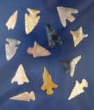 Nice set of 12 assorted southwestern U. S. Arrowheads, largest is 1 1/16