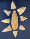 Set of nine Triangle Arrowheads found in Indiana, largest is 2 5/16