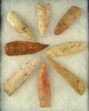 Set of eight assorted Sedalia Knives and Points, largest is 3 3/8