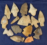 Set of 15 assorted Midwestern Arrowheads, largest is 2 1/2