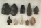 Group of 10 assorted Midwestern ancient Indian Flint arrowheads, knives and tools. Largest is 2 13/1