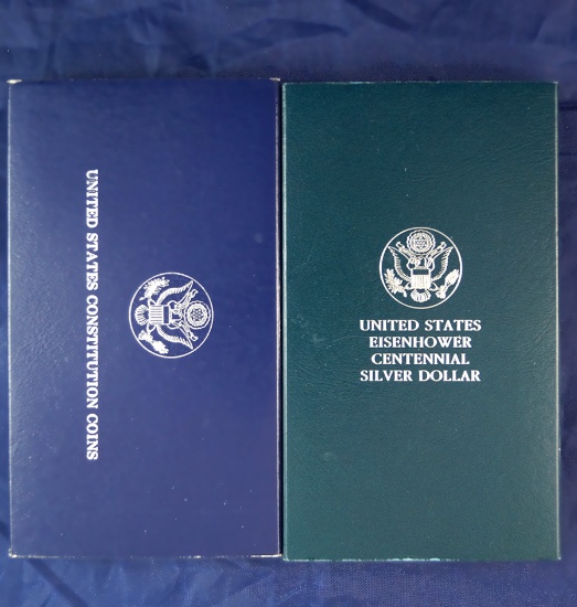1987 Constitution and 1990 Eisenhower Commemorative Silver Dollars in Original Boxes with COA’s
