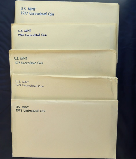 1973, 1974, 1975, 1976 and 1977 Mint Sets in Original Envelopes