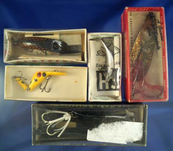 Group of boxed vintage fishing lures:  Flatfish, Oster's Fish Getter, Eppinger Dardeevle, Hagen Spin