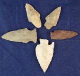 Set of five Midwestern ancient Indian Arrowheads, largest is 2 7/16