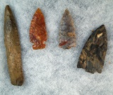 Set of four ancient Flint arrowheads in knives found in the western US. Largest is 5 5/16