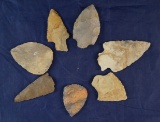 Set of seven Midwestern ancient Indian Arowheads, largest is 2 13/16