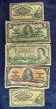 2 Canadian 1900 Twenty Five Cent, 1937, 1954 $1.00 and 1937 $2.00 VG-F
