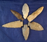 Group of six assorted Midwestern ancient Indian Arrowheads and Knives, largest is 3 5/16