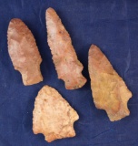 Set of four colorful ancient Indian Arrowheads found in Alabama, largest is 2 9/16