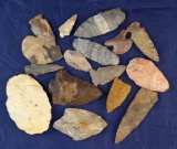 Large group of 16 assorted ancient Indian Arrowheads and Knives found in the eastern US. Largest is