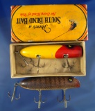 Pair of vintage fishing lures including a boxed South Bend Baso Oreno Red/Yellow.