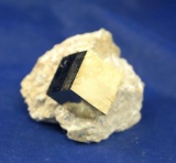 Mineral Specimen: Pyrite Cube in matrix, excellent natural cube. Cube is aprox. 9/16