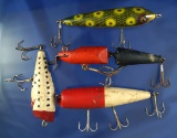 Group of four vintage lures which are repaint's and folk art.