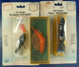 Set of 3 Vintage fishing lures:  included are two carded Atlantic Lurcs, Inc.Lazy-Susan and Plunger