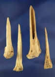 Set of four well styled bird bone Awls with very sharp points, largest is 3 11/16