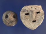 Pair of shell tempered clay pottery faces, largest is 1 1/4