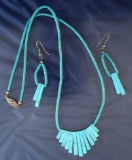 Turquoise necklace with matching earrings made in the southwestern U. S.