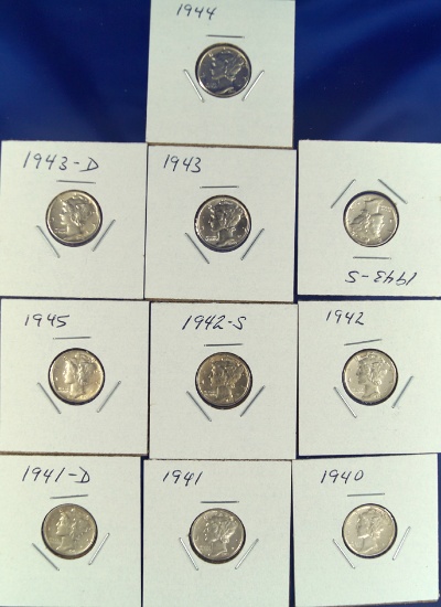 1940, 1941, 1941-D, 1942, 1042-S, 1943, 1943-D, 1943-S, 1944 and 1945 Mercury Dimes XF-BU Details