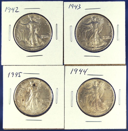 1942, 1943, 1944 and 1945 Walking Liberty Half Dollars XF-AU