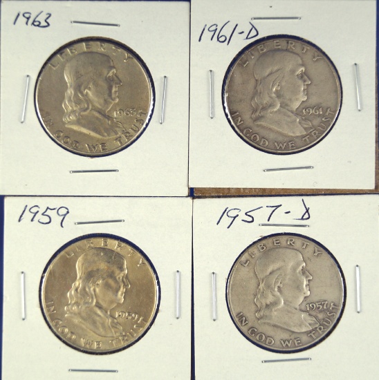 1957-D, 1959, 1961-D and 1963 Franklin Half Dollars VF-AU