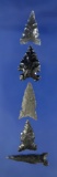 Set of five Obsidian arrowheads found in Oregon and Nevada, largest is 1 3/16