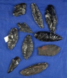 Group of 10 assorted great basin Obsidian artifacts, largest is 2 1/8